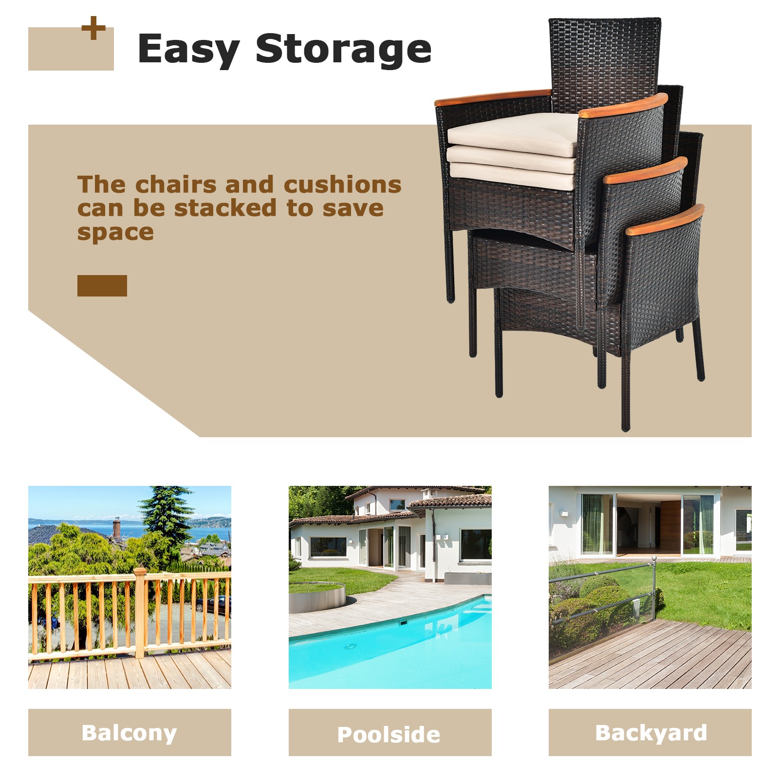 Patiojoy 7PCS Patio Rattan Dining Set Armrest Cushioned Chair Wooden Tabletop