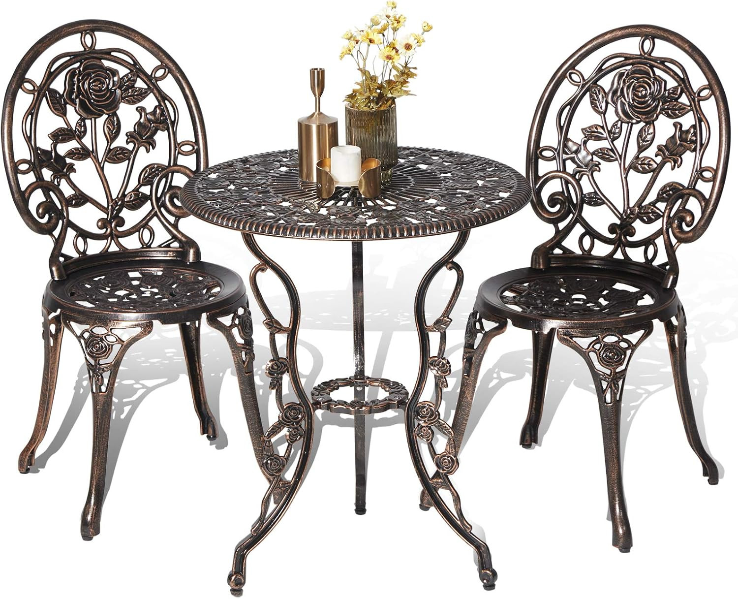 HOMEFUN Bistro Table and Chairs Set of 2 Outdoor 3 Piece Patio Set, Rose Pattern