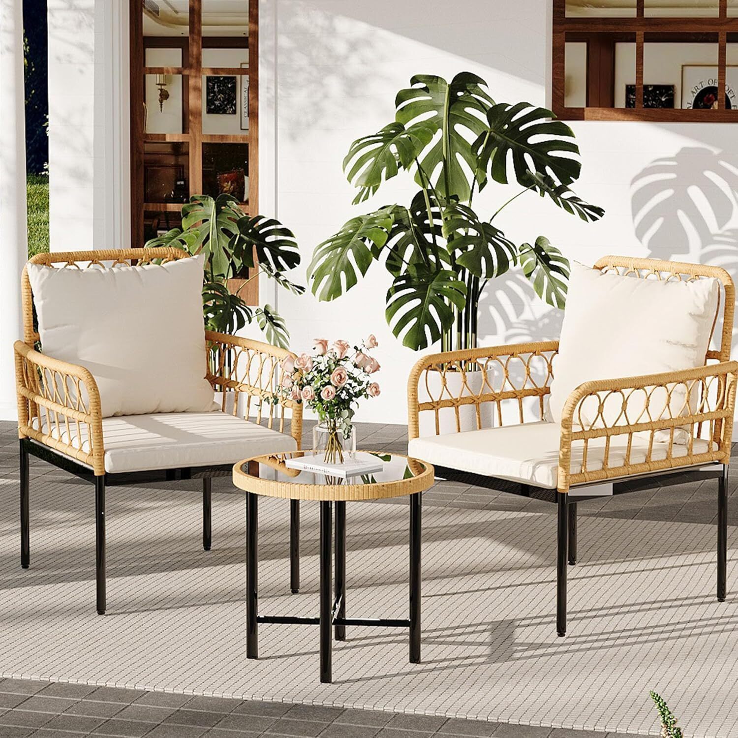 3-Piece Boho Wicker Patio Set w/Thick Cushions, Glass Table & Rust-Proof Frame