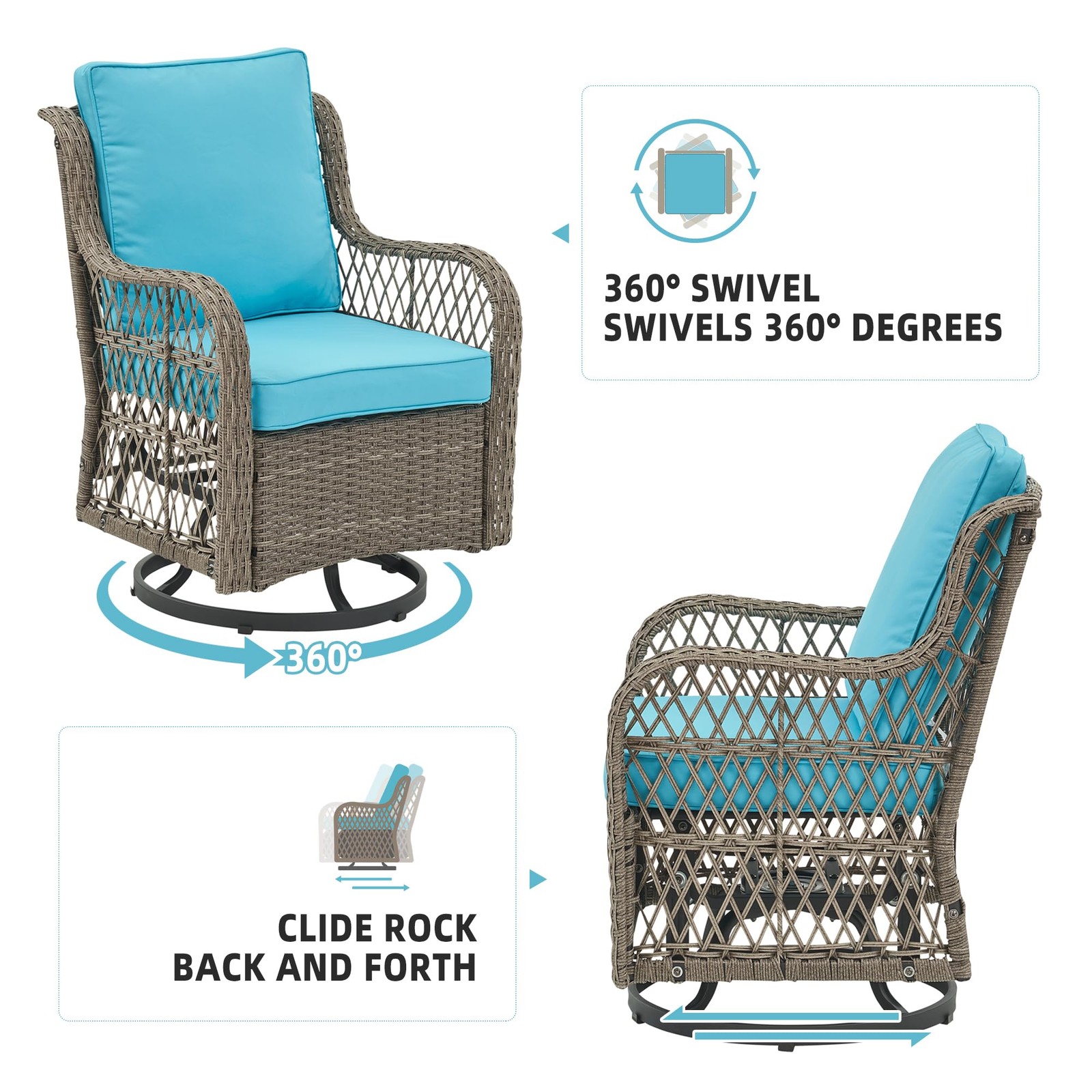 3-Piece Outdoor Swivel Patio Furniture Set Wicker Rocking Chairs with Side Table