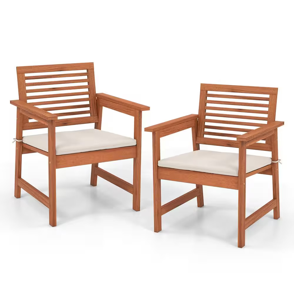 Solid Wood Outdoor Dining Chair Patio Chairs with Comfortable off White Cushions