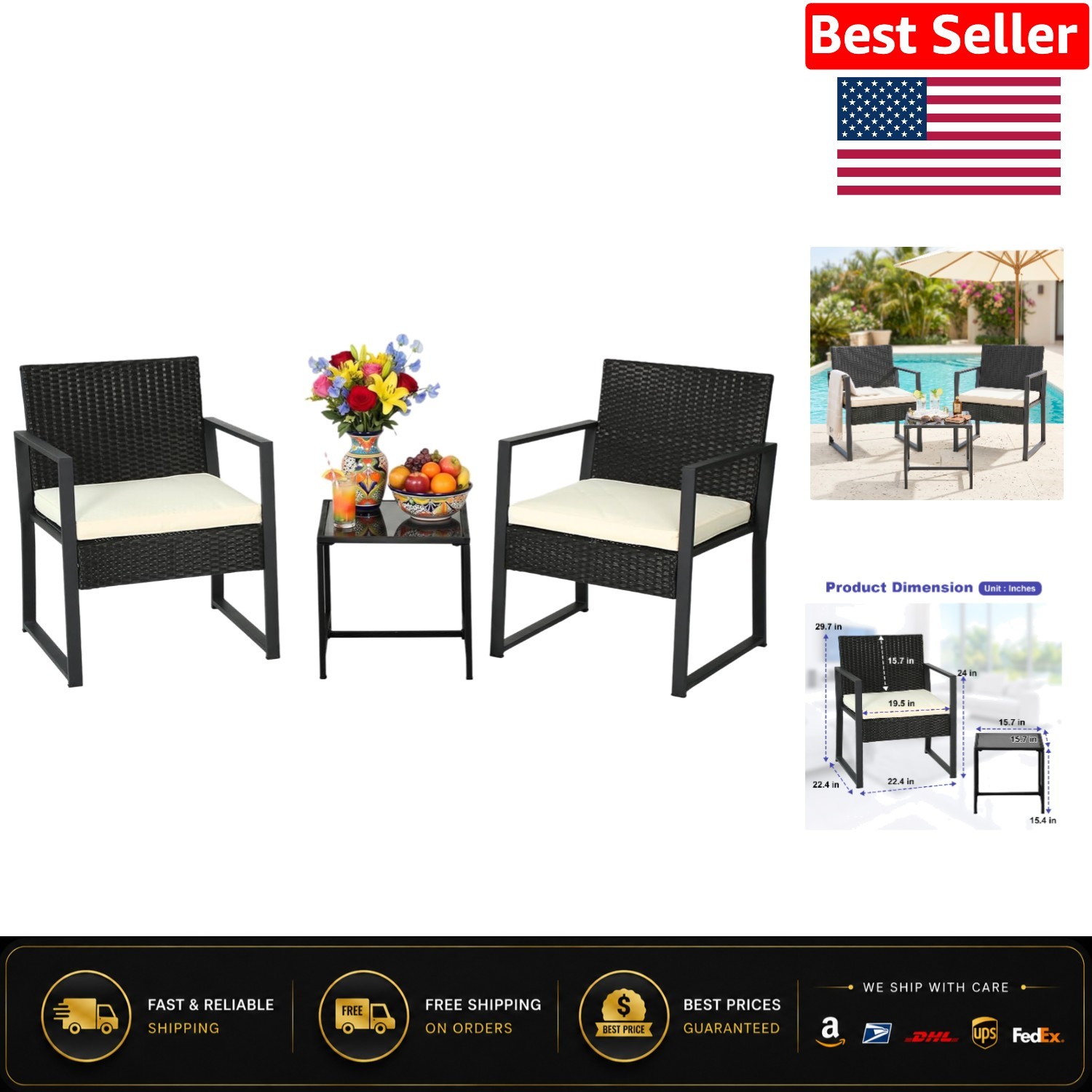 3-Piece Khaki Patio Furniture Set – Modern Outdoor Wicker with Coffee Table