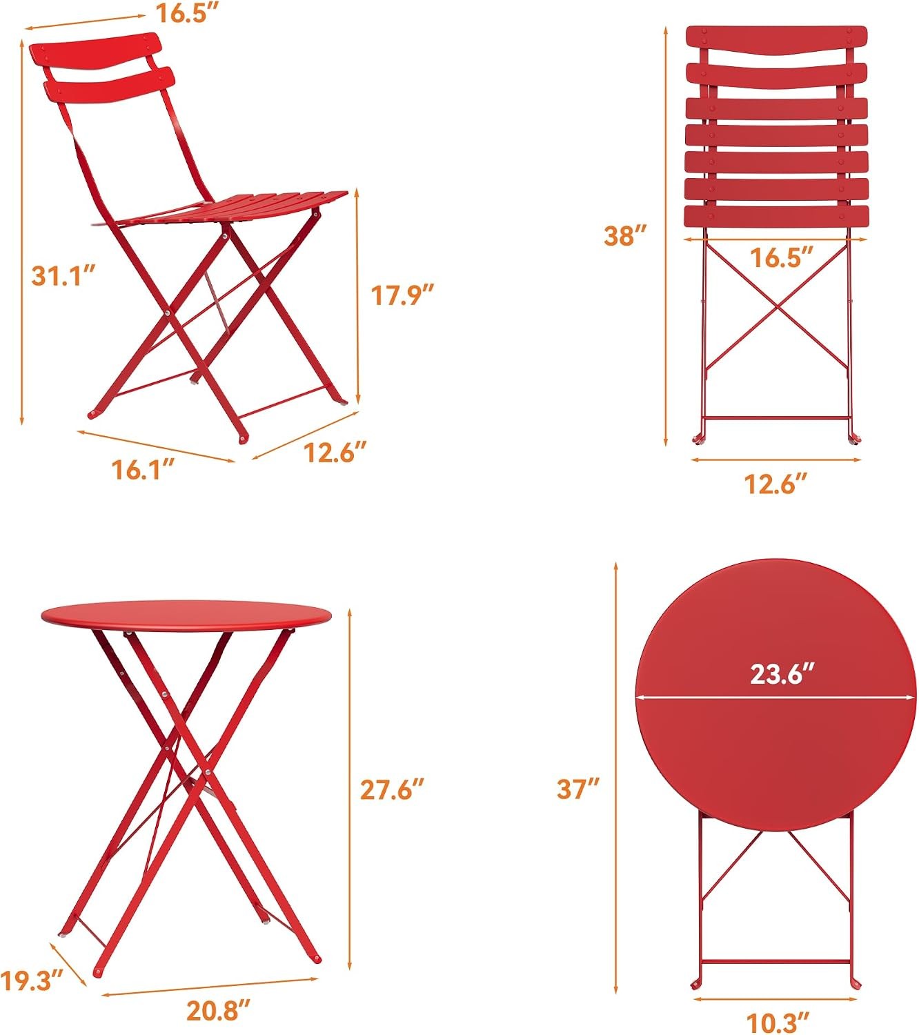 3 Piece Folding Patio Bistro Table and 2 Chair Outdoor Patio Furniture Set Metal