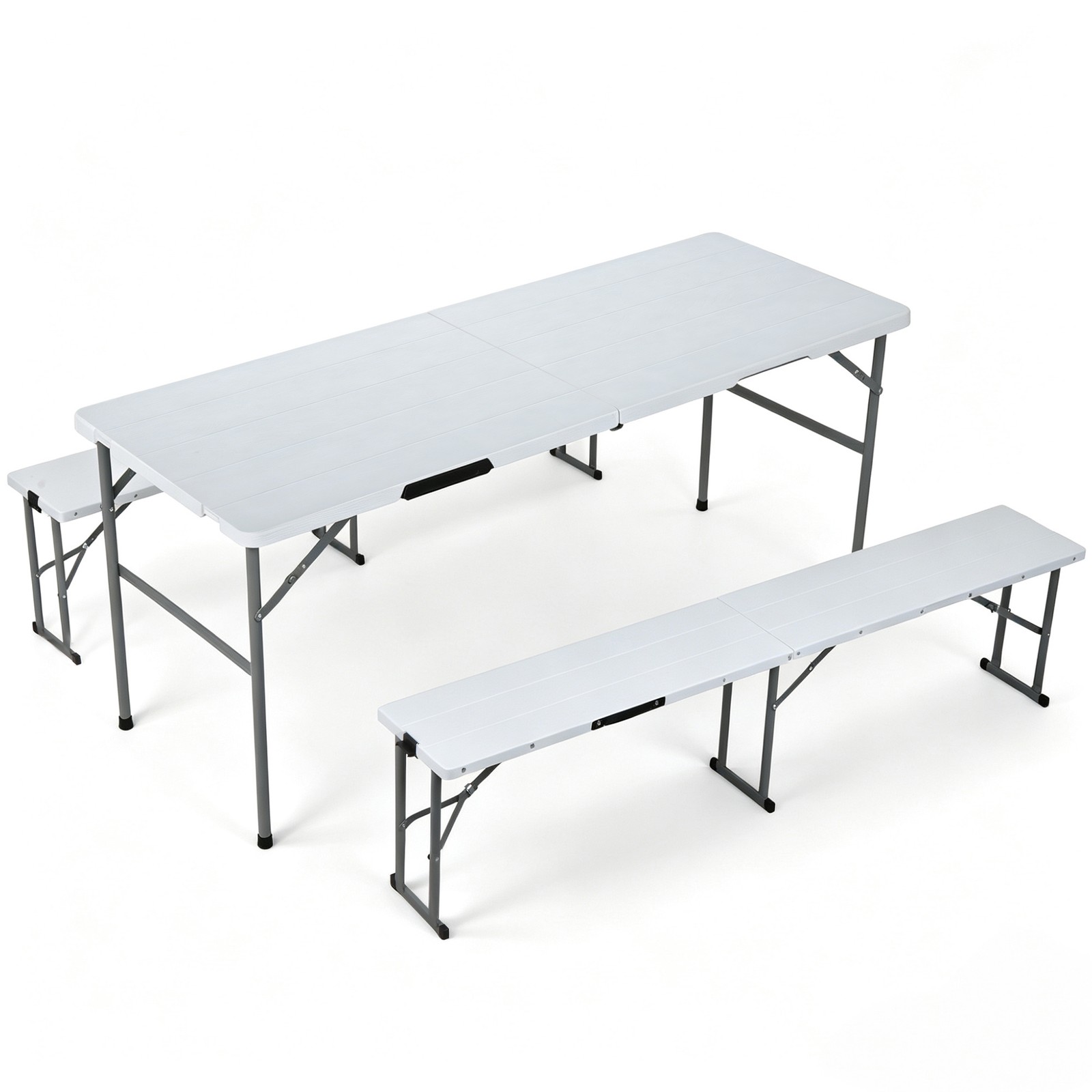 5.8 FT Folding Table Set with 2 Benches Portable HDPE Plastic Picnic Table White