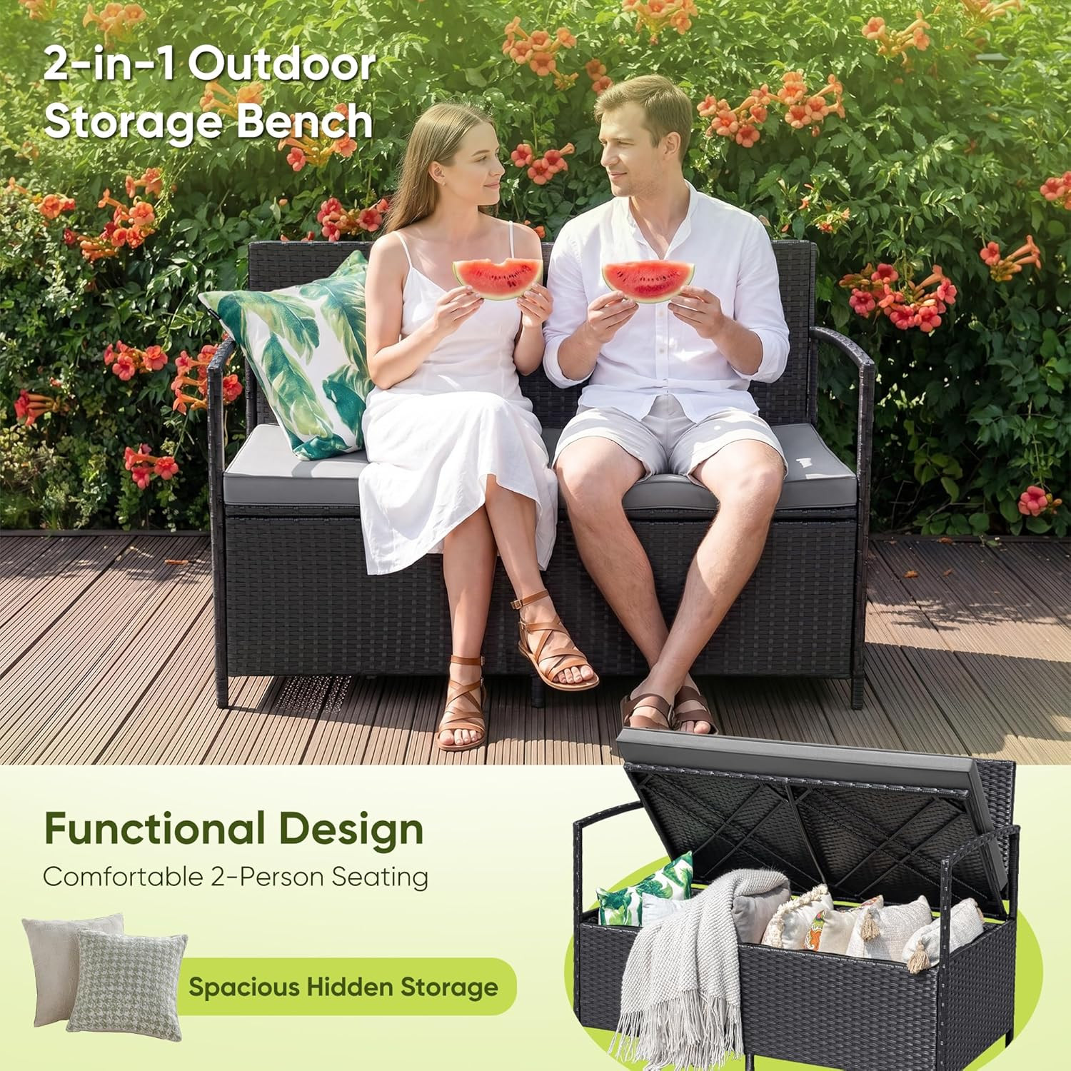 All-Weather Wicker Patio Loveseat with Storage & Cushions – Black