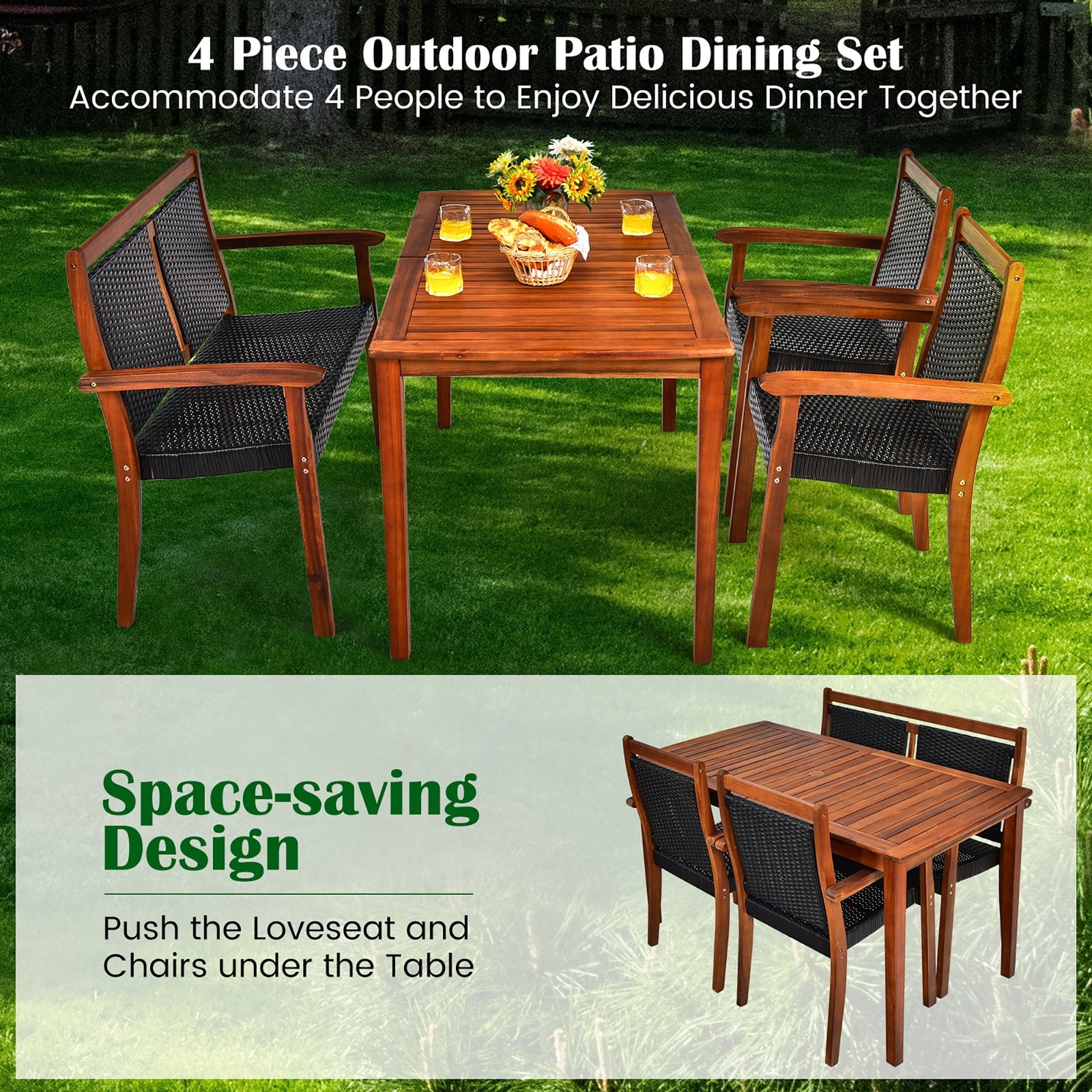 Costway 4PCS Patio Rattan Dining Furniture Set Acacia Wood Frame – See details