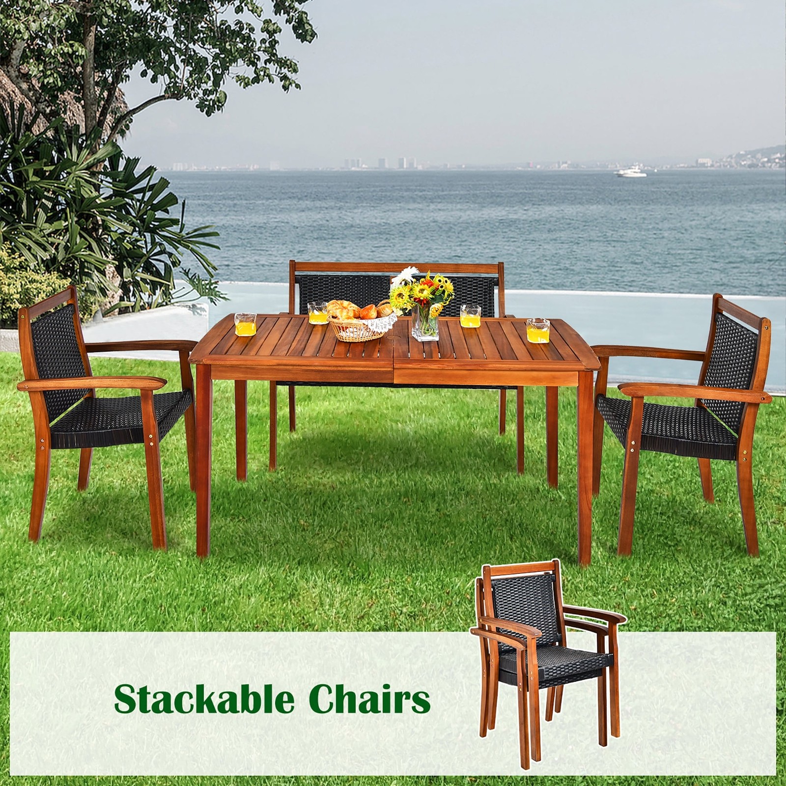Costway 4PCS Patio Rattan Dining Furniture Set Acacia Wood Frame – See details