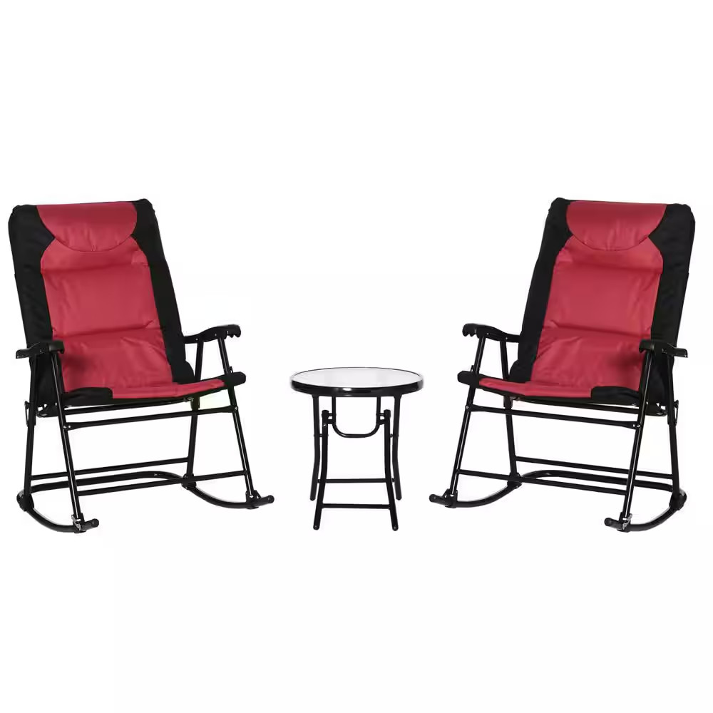 3-Piece Metal Outdoor Bistro Set with Glass Coffee Table and 2 Folding Padded Ro