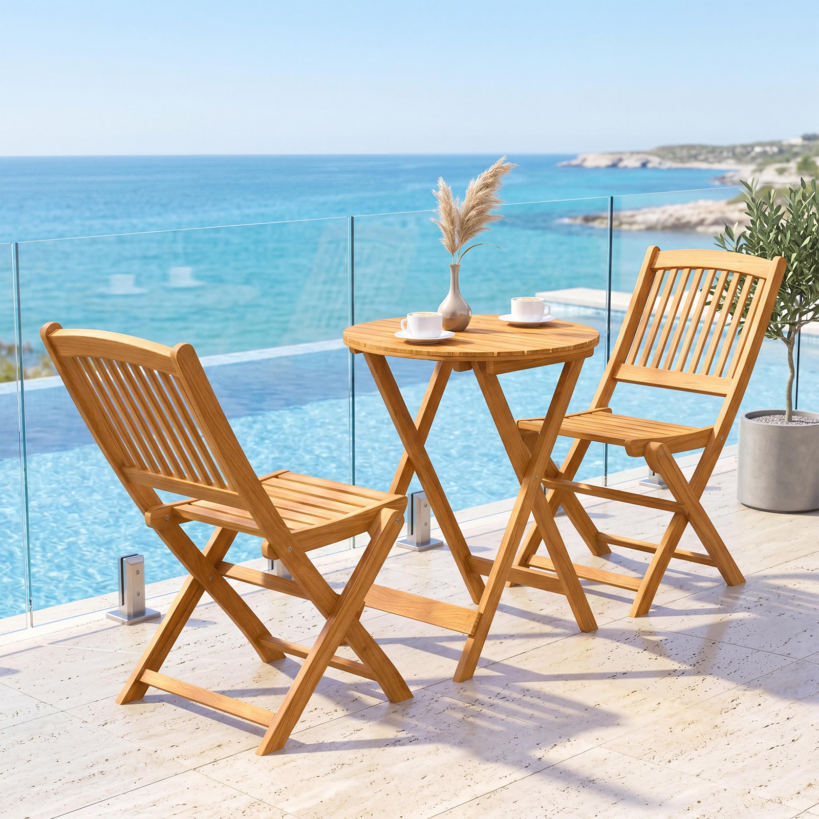 3 Pieces Acacia Wood Patio Folding Bistro Set w/Soft Cushions for Porch, Balcony