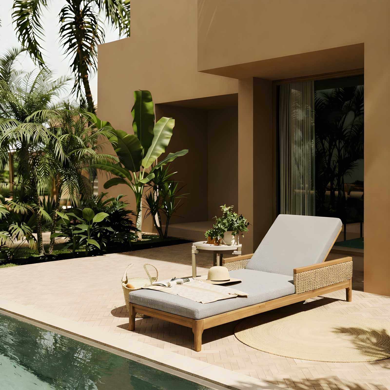 Acacia Wood Sun Chaise Lounger with Grey Cushions & Wicker, 76.77″