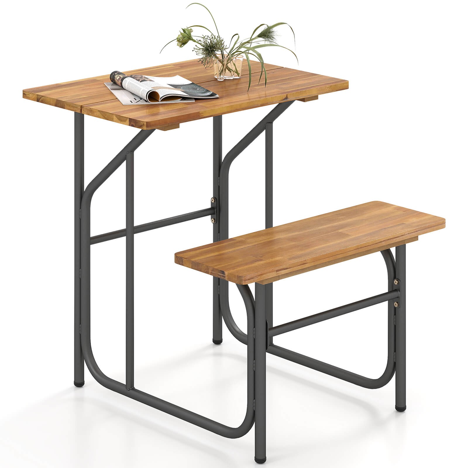 Patio Table Bench Set One-Side Picnic Table & Seat w/ Acacia Wood Top Metal Legs