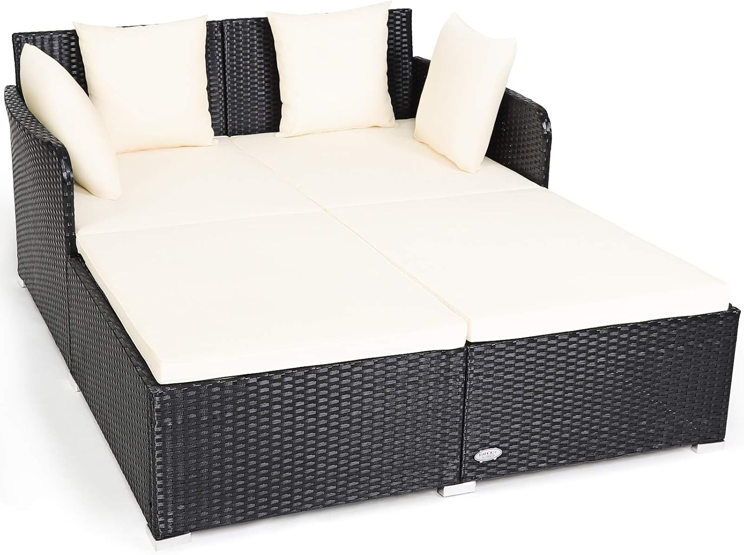 Outdoor Patio Rattan Daybed, Sponge Cushioned Loveseat Sofa with 4 Pillows, Wick