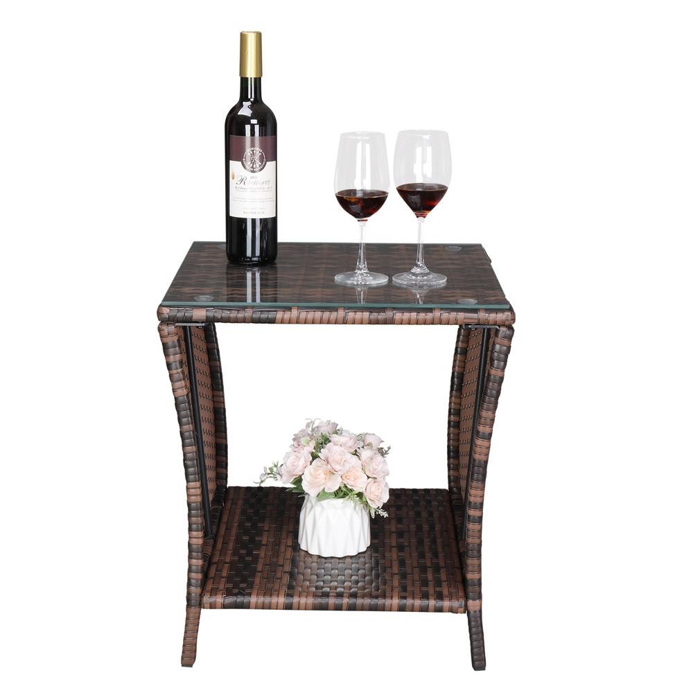 Brown Gradient Wicker Rattan Side Tea Table with Glass Patio Outdoor Furniture