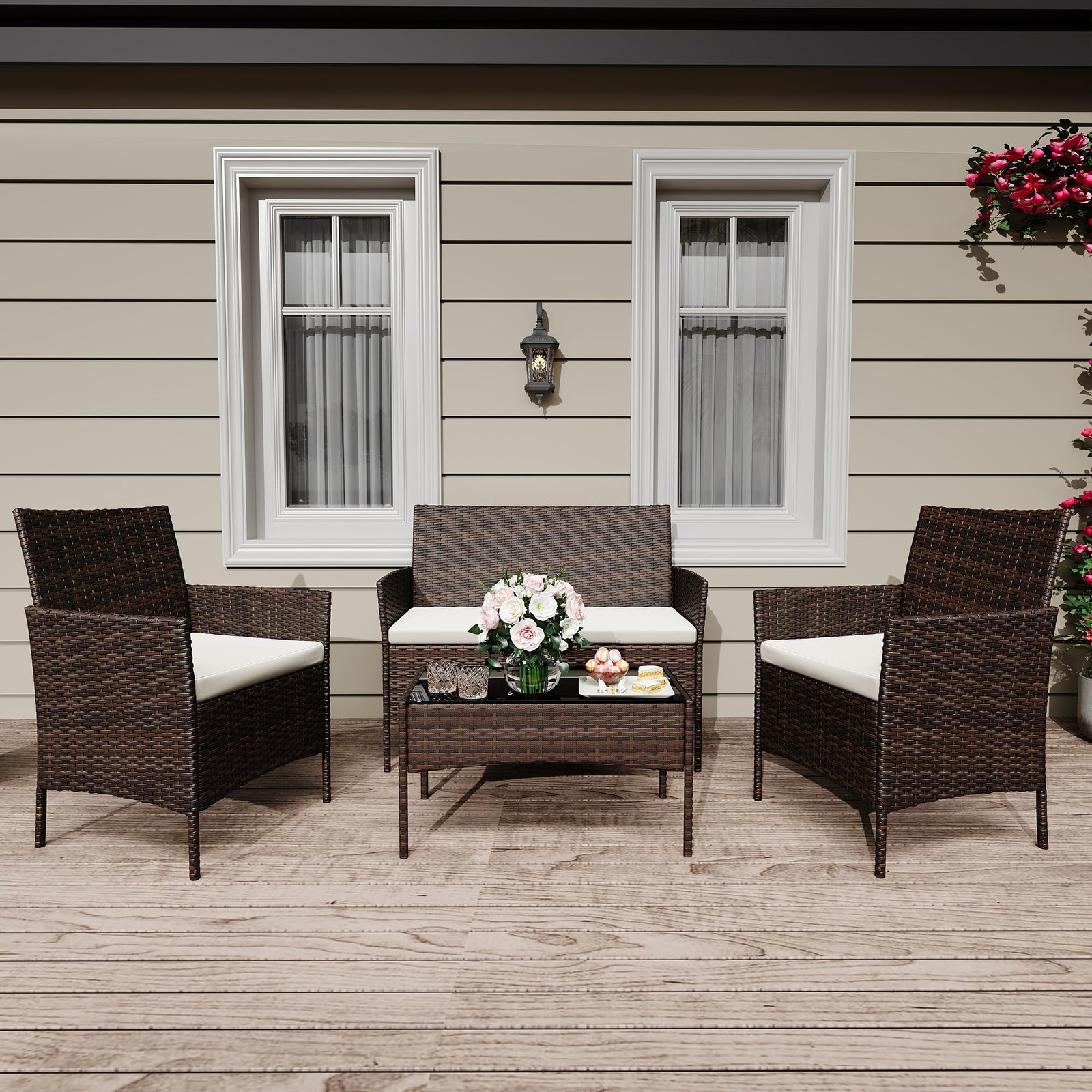 4-Piece Patio Furniture Set, Rattan Outdoor Furniture with Upholstered Sofa, …
