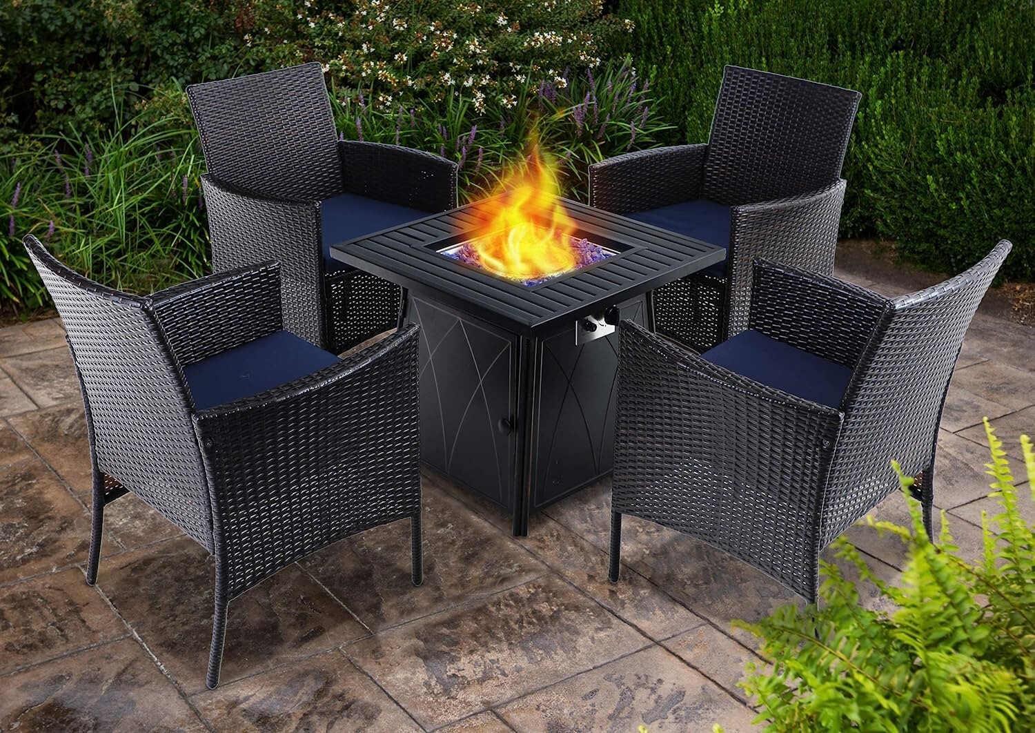 5 Piece Rattan Patio Furniture Set Garden Lawn Outdoor Set W/ Gas Fire Pit Table