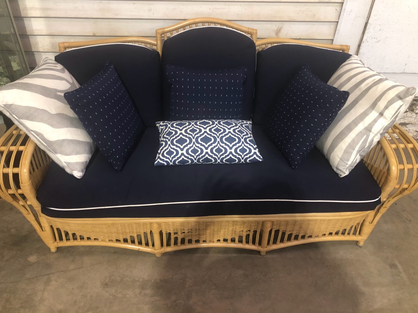 Ficks Reed Two Piece Rattan Wicker Set (Sofa & Coffee Table) Art Deco Style NAVY