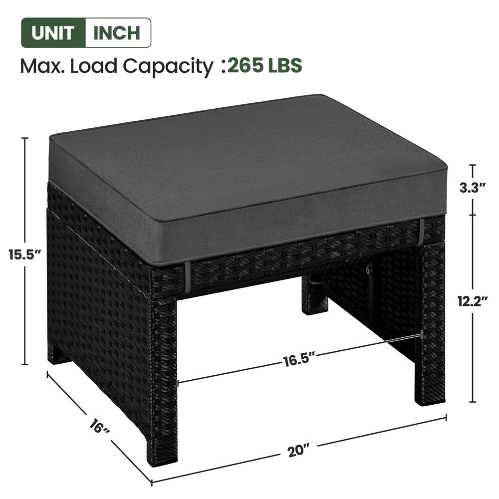 2 Pieces Outdoor Wicker Ottomans with Removable Cushions, Black/Gray