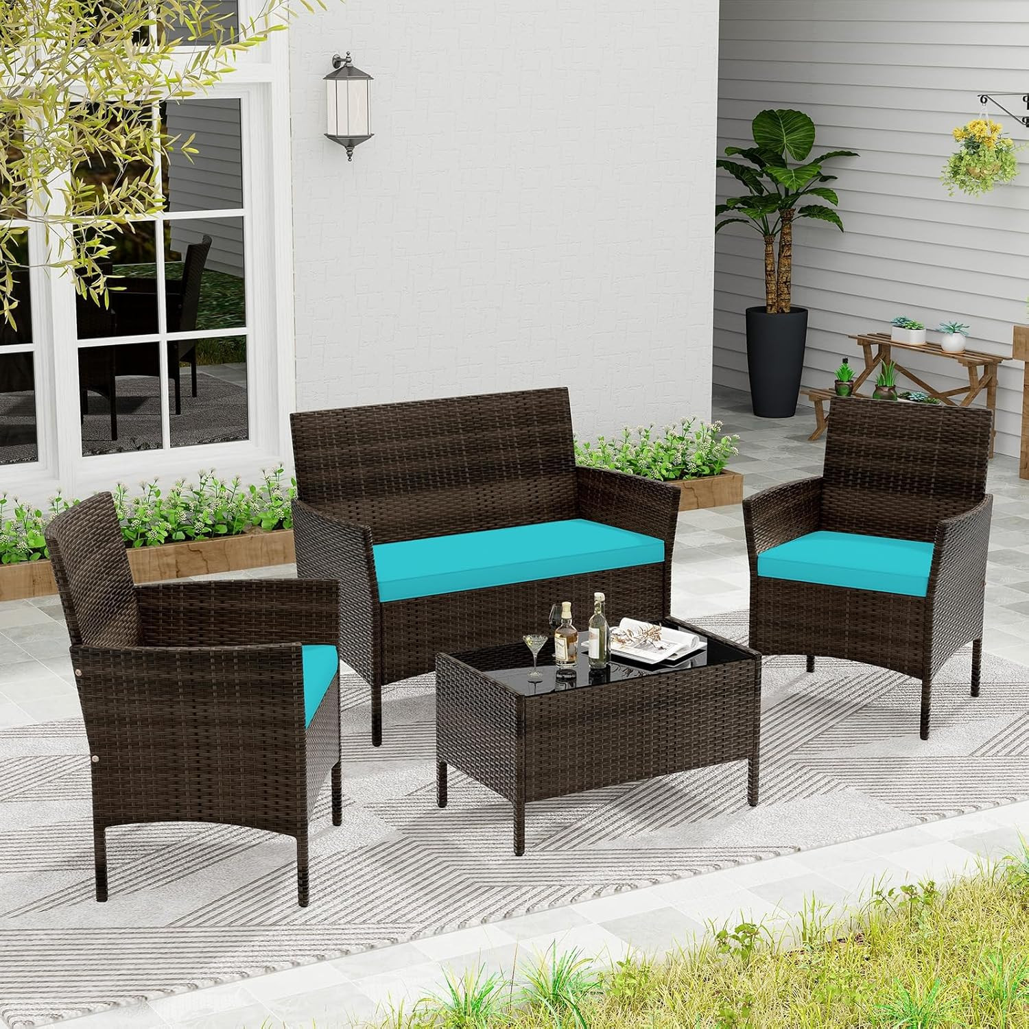 KOTEK 4 Piece Patio Furniture Set, Outdoor Rattan Conversation Set with Loveseat