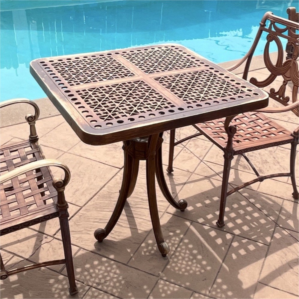 3-Piece Metal Bistro Set with Square Brown Table, Bronze Finish