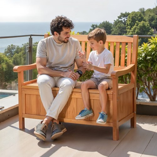 Outdoor Storage Bench, 2-Person Wooden Storage Bench, 33 Gallons Deck Box with S