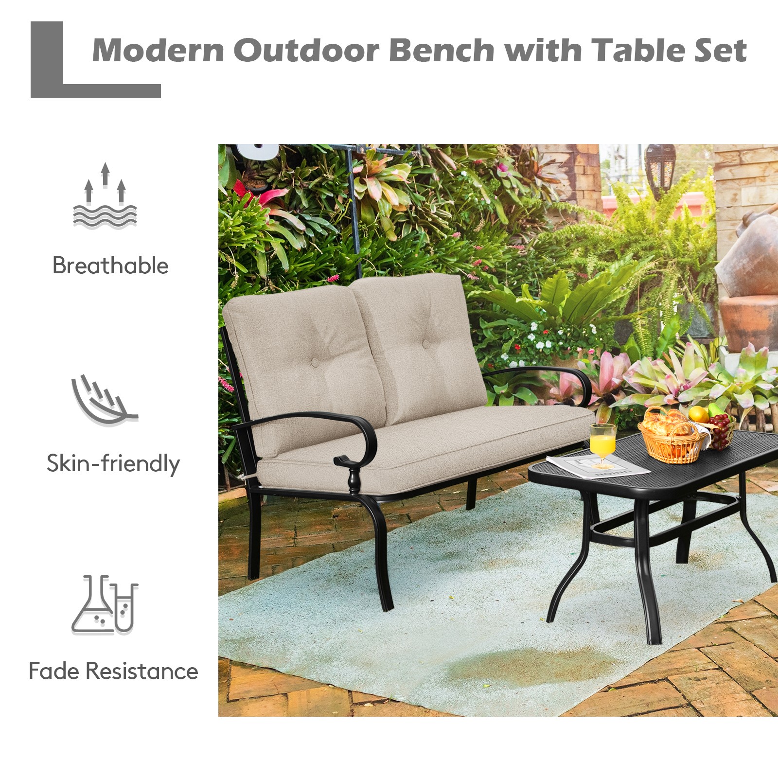Costway 2PCS Patio Loveseat Bench Table Furniture Set Cushioned Chair Beige