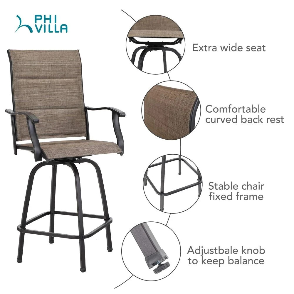 PHI VILLA 3 PCS Swivel Bar Stools Patio Dining Table Bar Sets High Back Outdoor