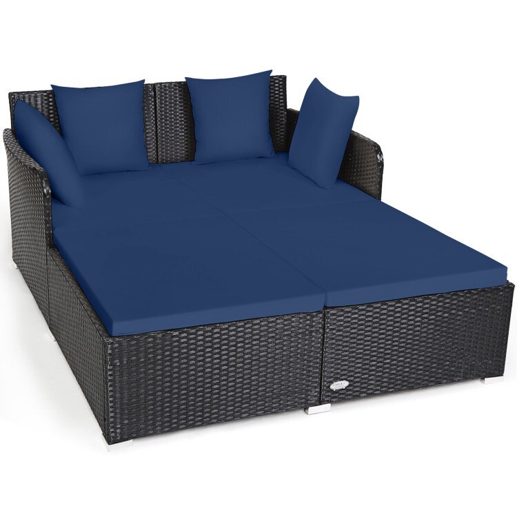 Outdoor Patio Rattan Daybed Wicker Sofa Deck Furniture w/Cushions & Pillows Navy