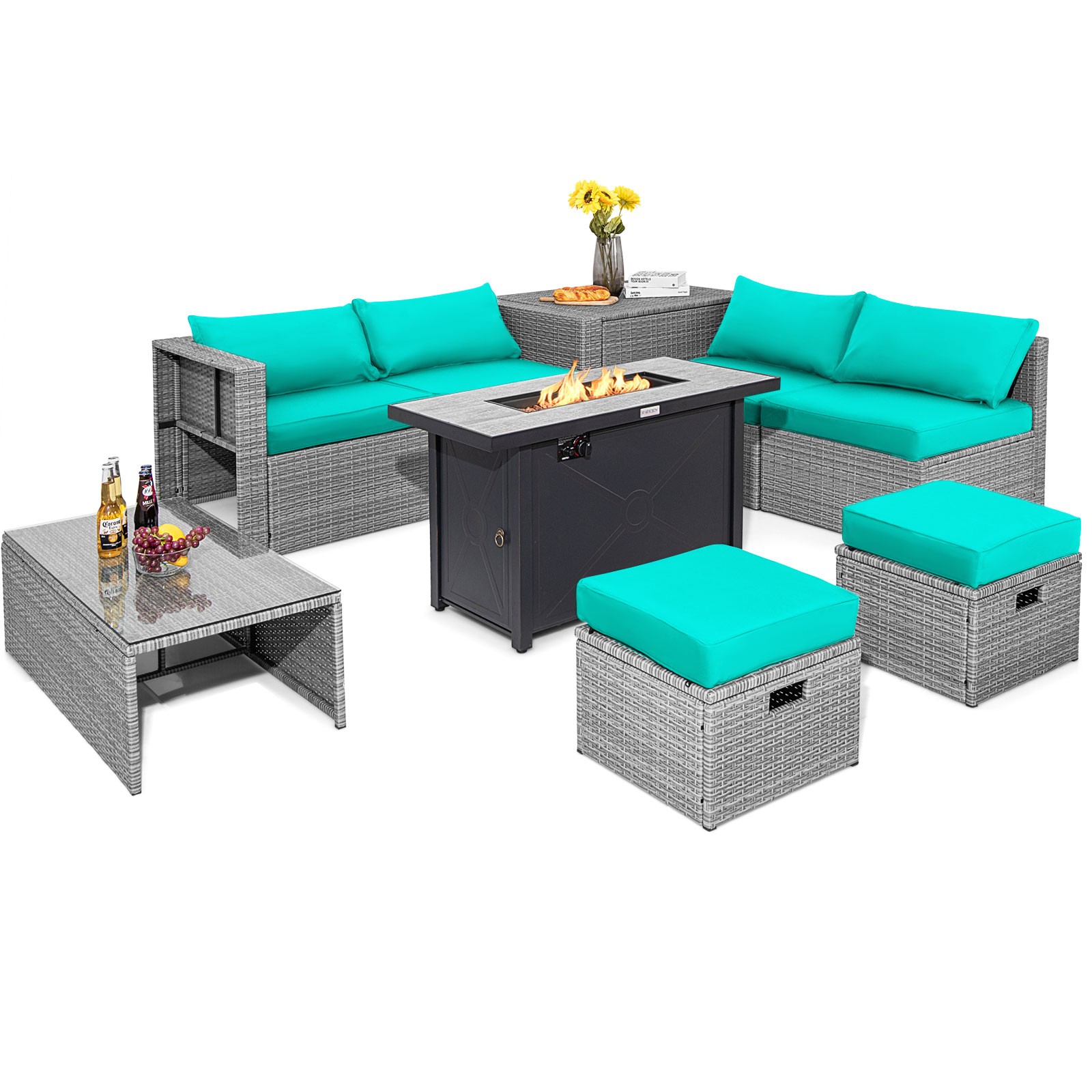 9 PCS Patio Rattan Furniture Set 42″ Fire Pit Table Cover Storage Box Turquoise