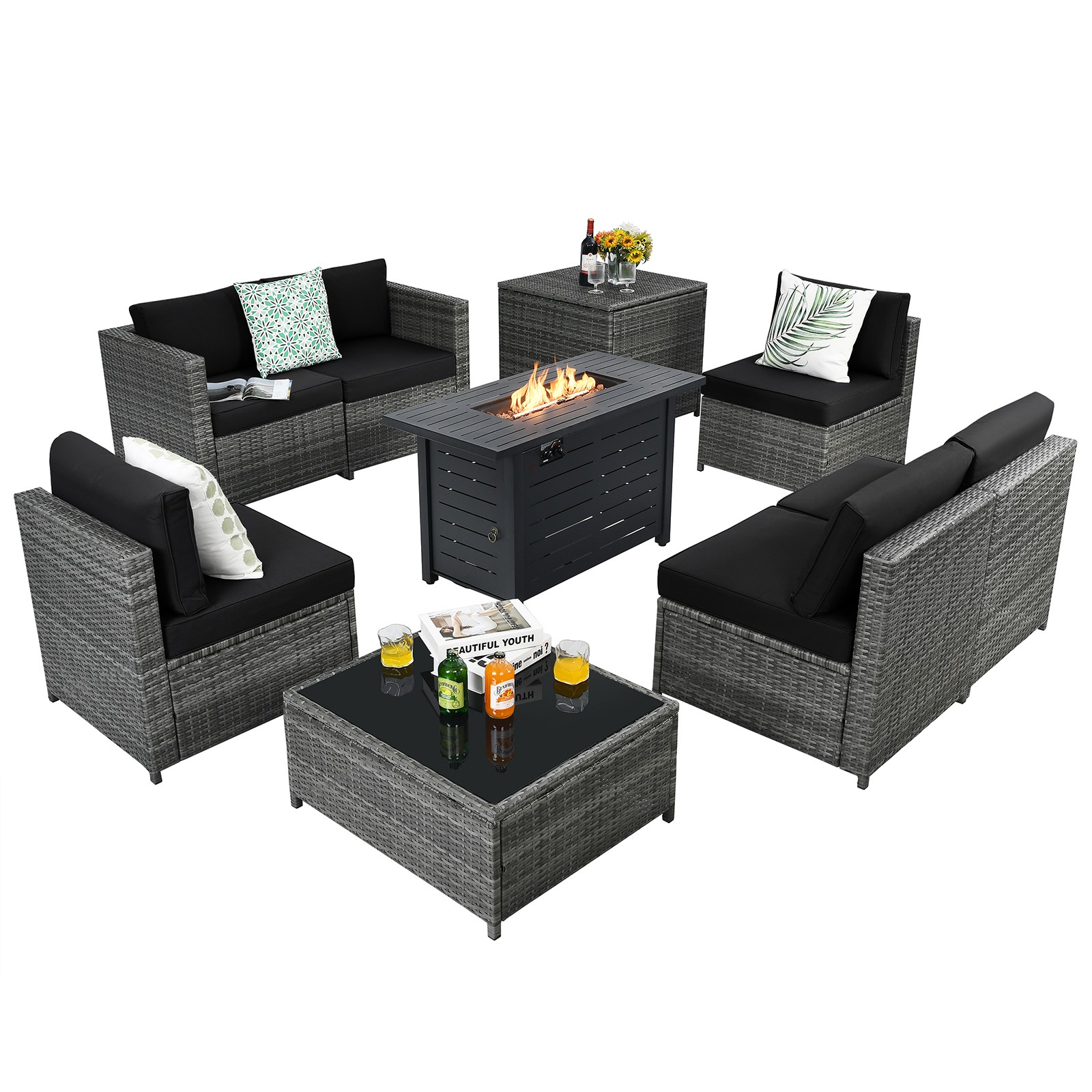 9 PCS Wicker Sofa Rattan Furniture Set w/60,000 Btu Heater Propane Gas Fire Pit