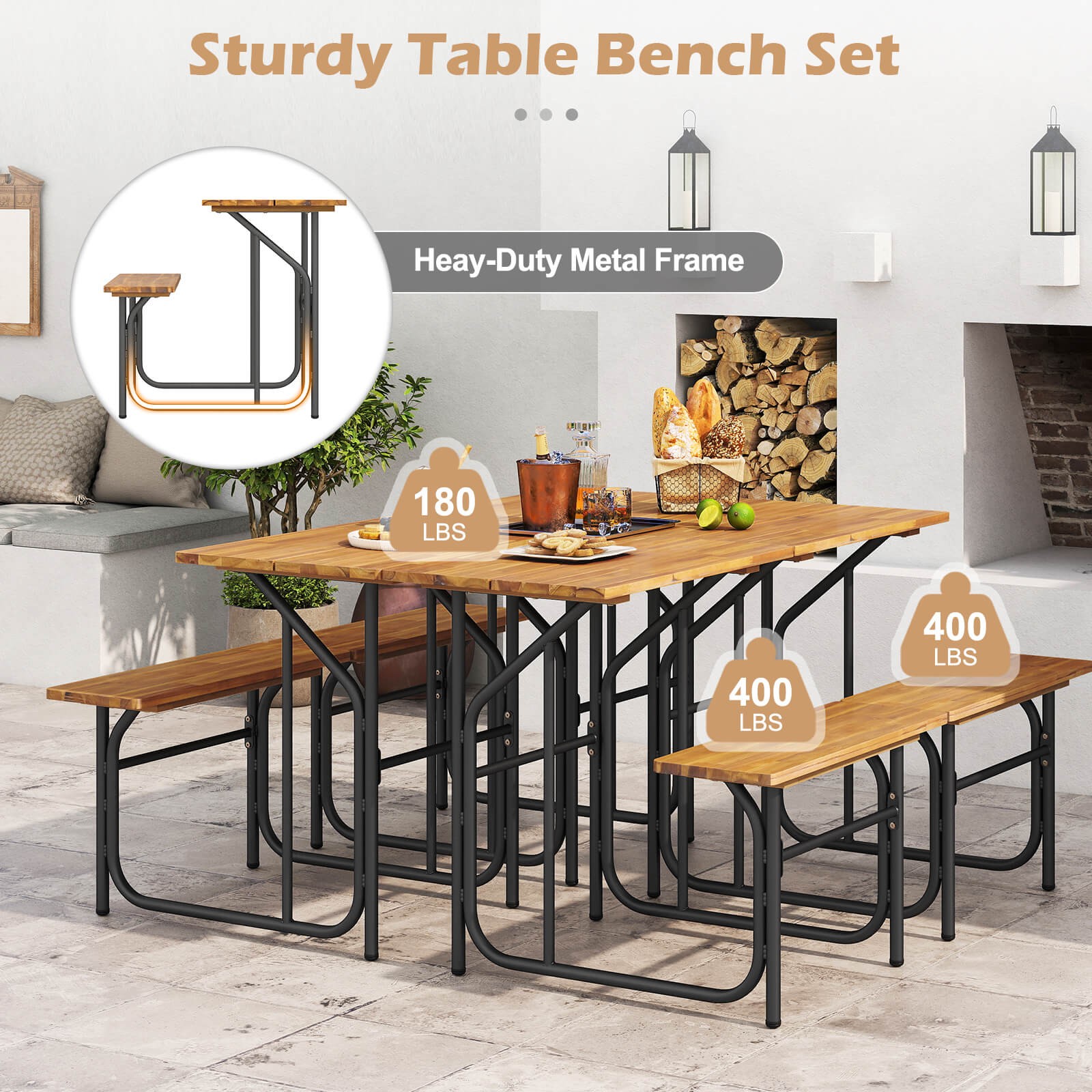 Patio Table Bench Set One-Side Picnic Table & Seat w/ Acacia Wood Top Metal Legs