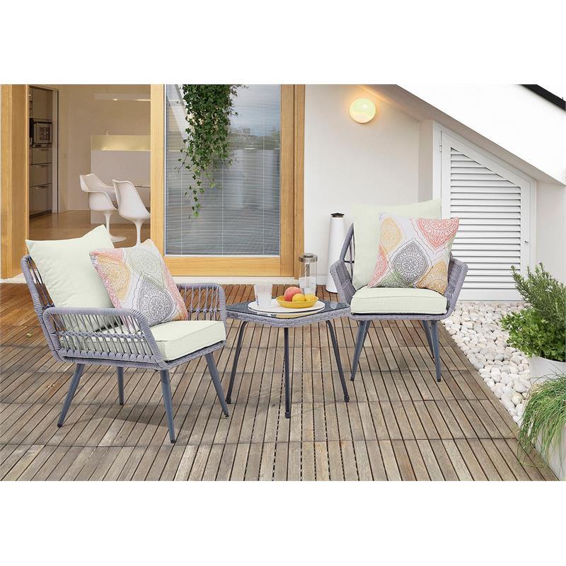 Manhattan Comfort Cannes 3-Piece Rattan Patio Conversation Set in Gray/Cream