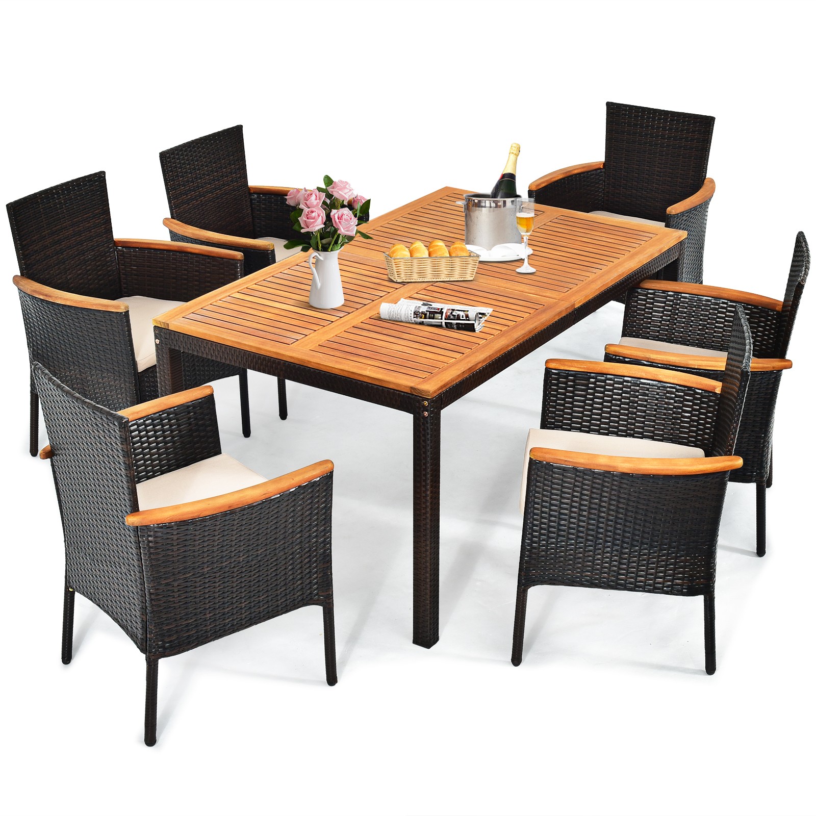 Patiojoy 7PCS Patio Rattan Dining Set Armrest Cushioned Chair Wooden Tabletop