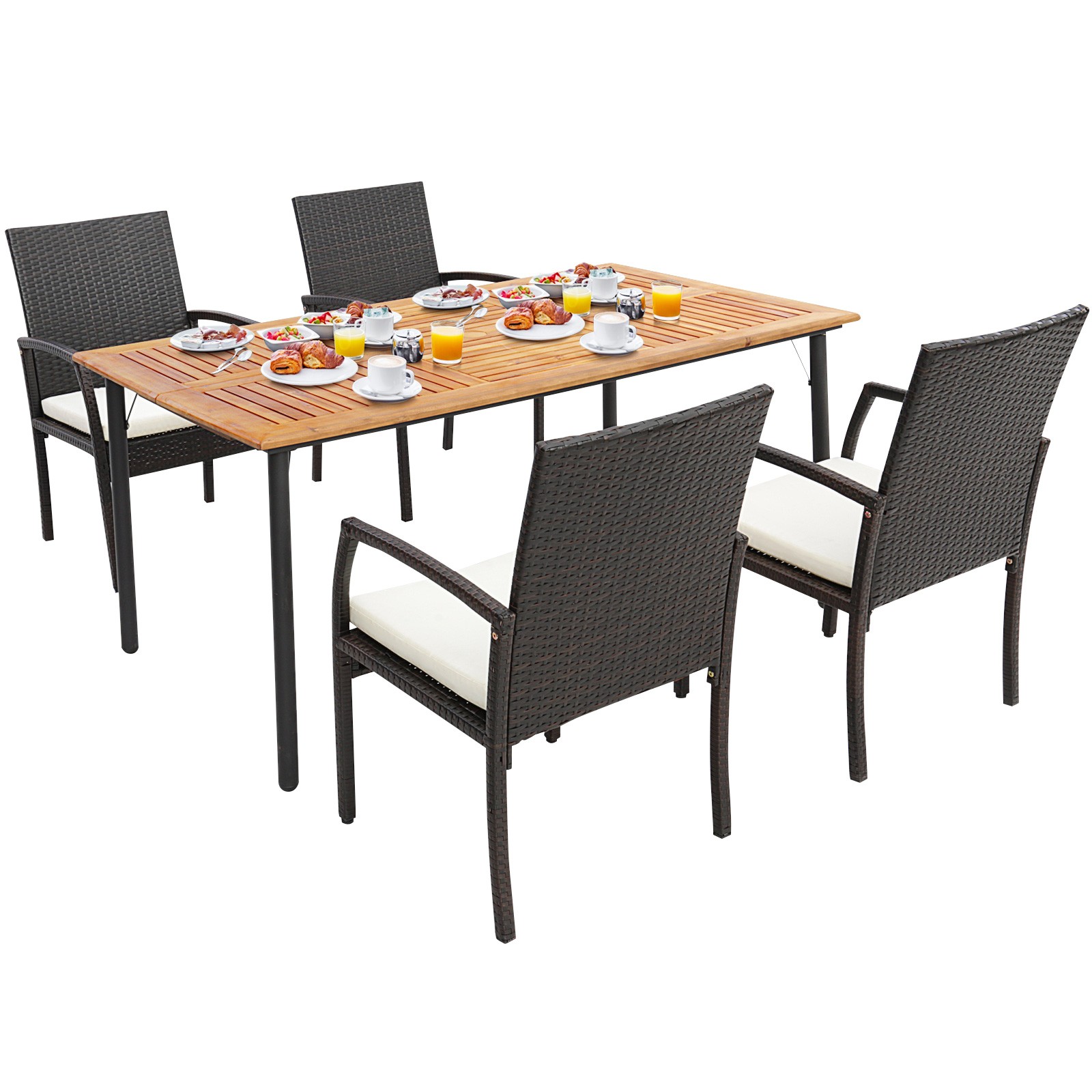 5 PCS Patio Wicker Dining Set Cushion Armchairs Acacia Wood Table Umbrella Hole