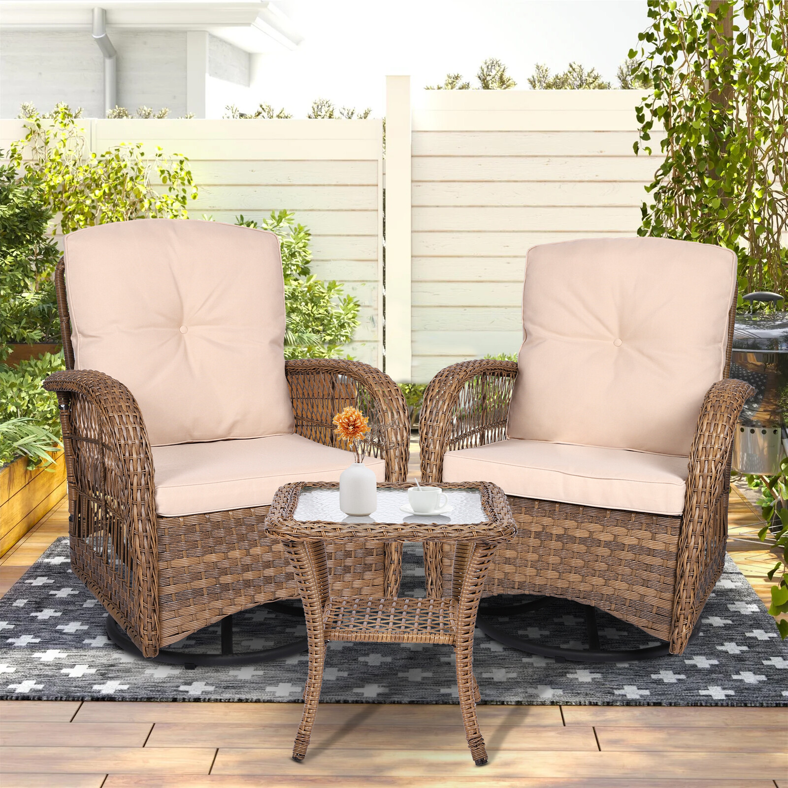 3PC Outdoor Swivel Glider Rocker Furniture Chair Patio Wicker Bistro Set w/Table