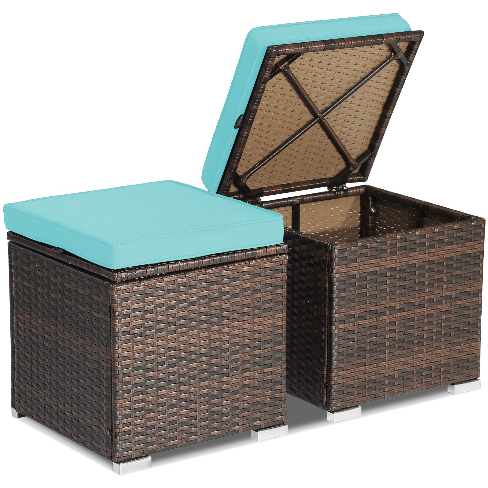 2-Piece Rattan Ottoman Set Storage Boxes Side Tables with Turquoise Cushions