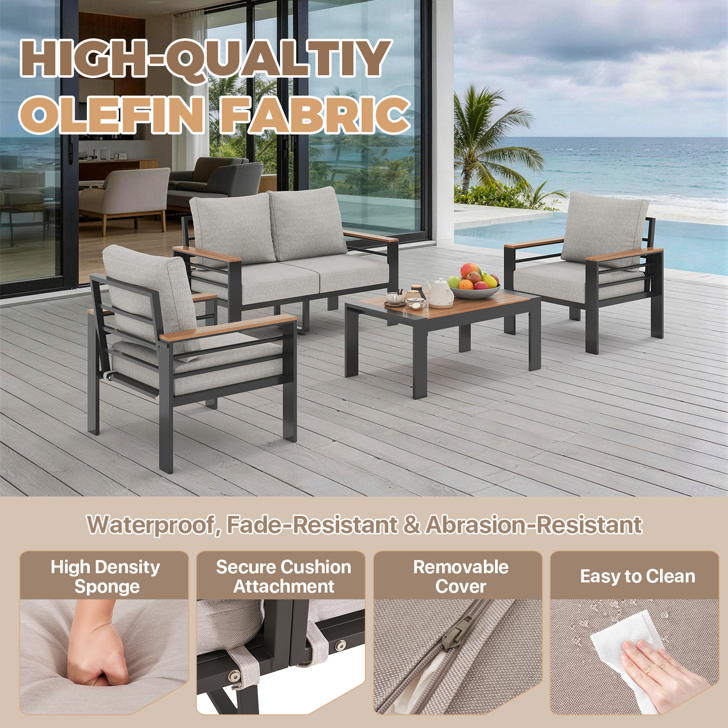 Aluminum Patio Furniture Set 4 Seats Oversized Outdoor Sectional Washable Table