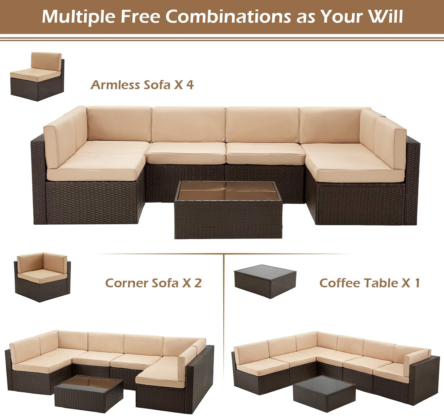 7 PCS Outdoor Patio Furniture Set, PE Rattan Wicker Sofa Set w/ Coffee Table