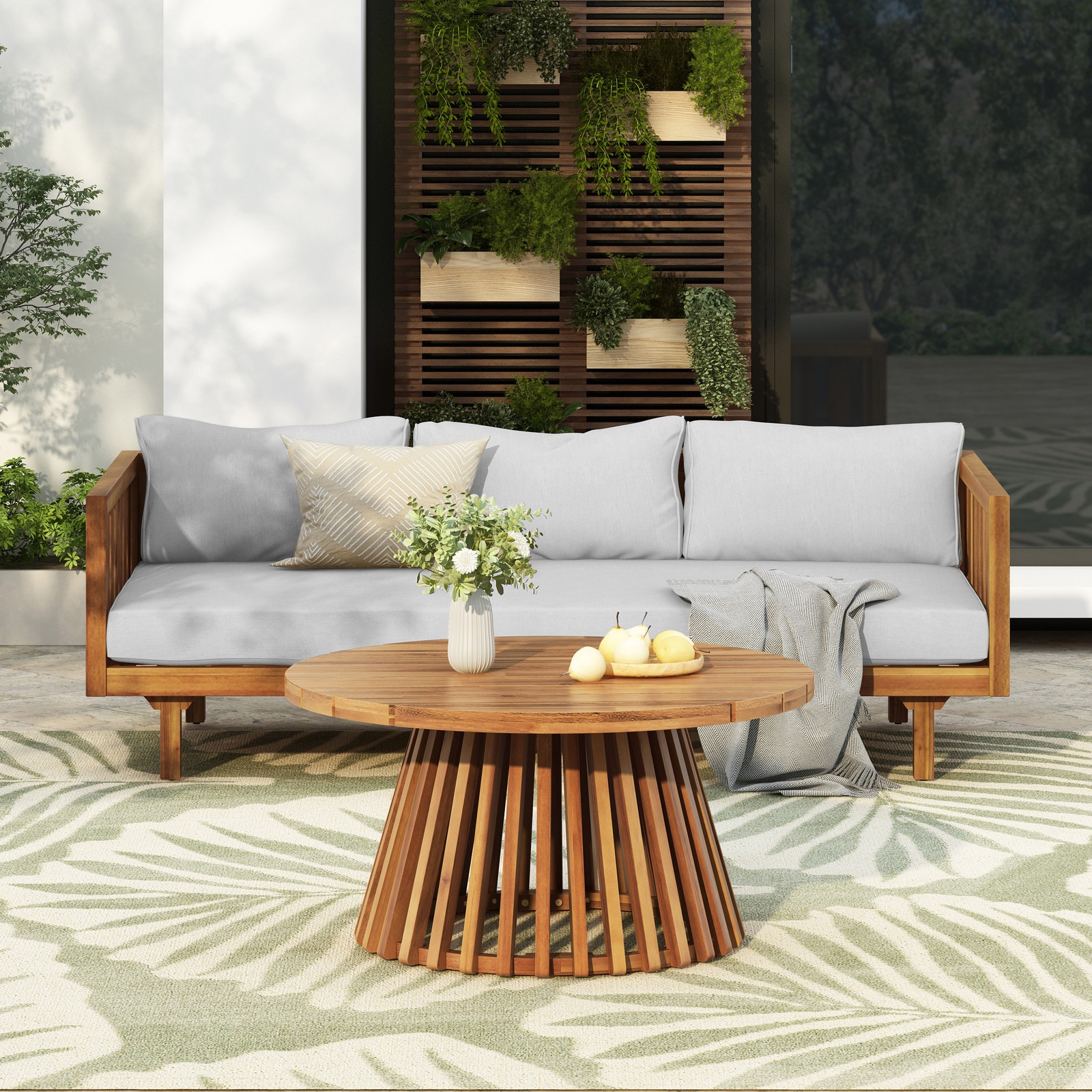 Acacia Wood Patio Furniture Set Outdoor 3 Seater Daybed with Table Lounge Chair