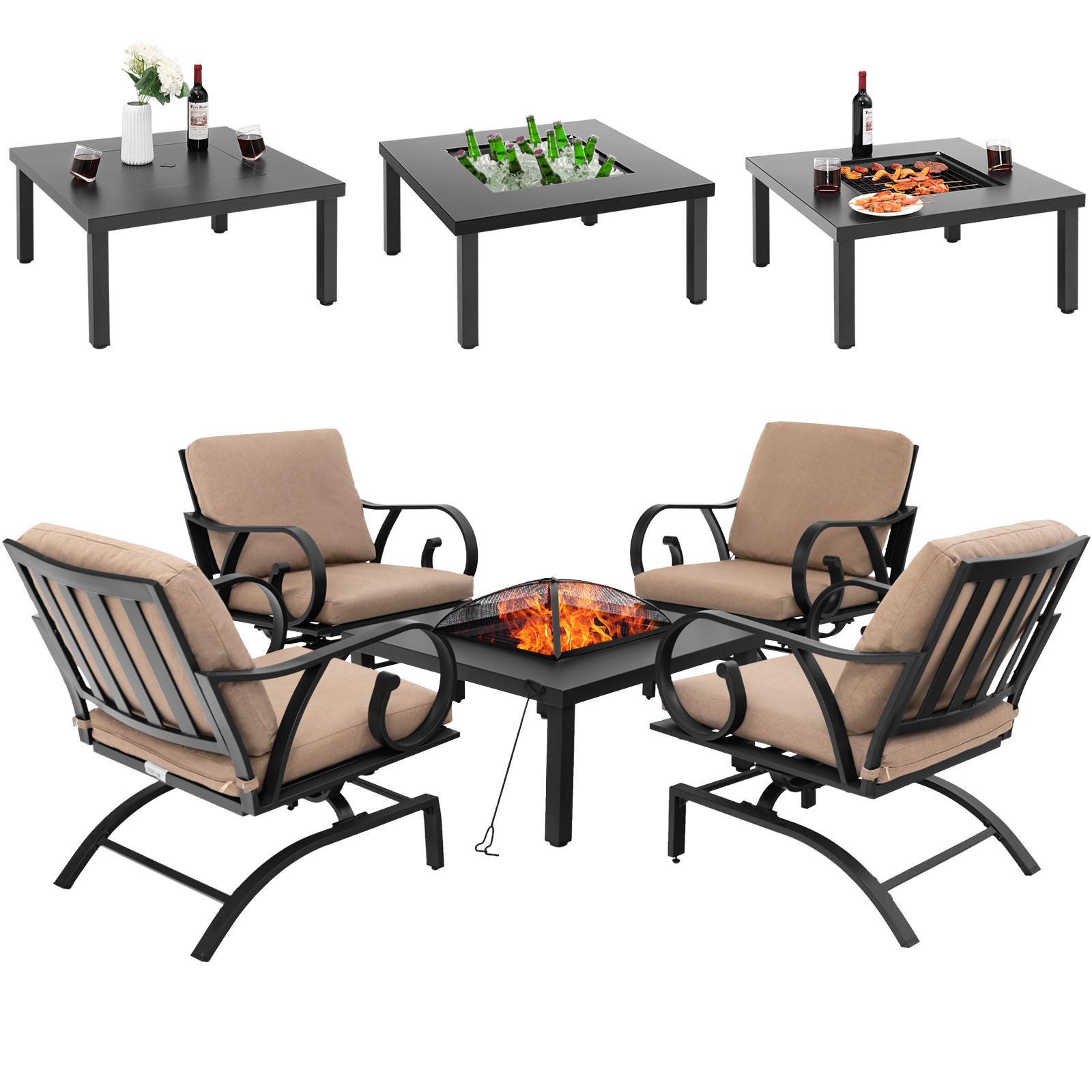 5pcs Patio Rocking Chairs 4-in-1 Fire Pit Table Heavy-Duty Conversation Outdoor