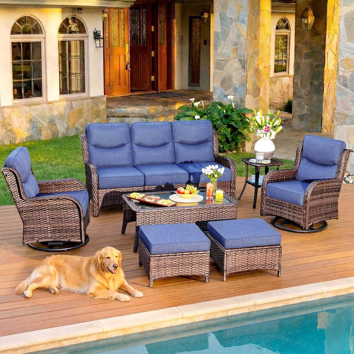 HILLGA 7-Piece Luxury Patio Furniture Set with 6″ Thick Cushions, Weather-Resist