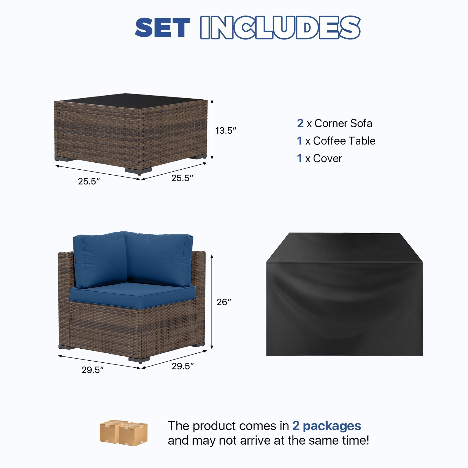 3pcs Outdoor Patio Furniture Set Table Wicker Rattan Sectional Sofa Cushions