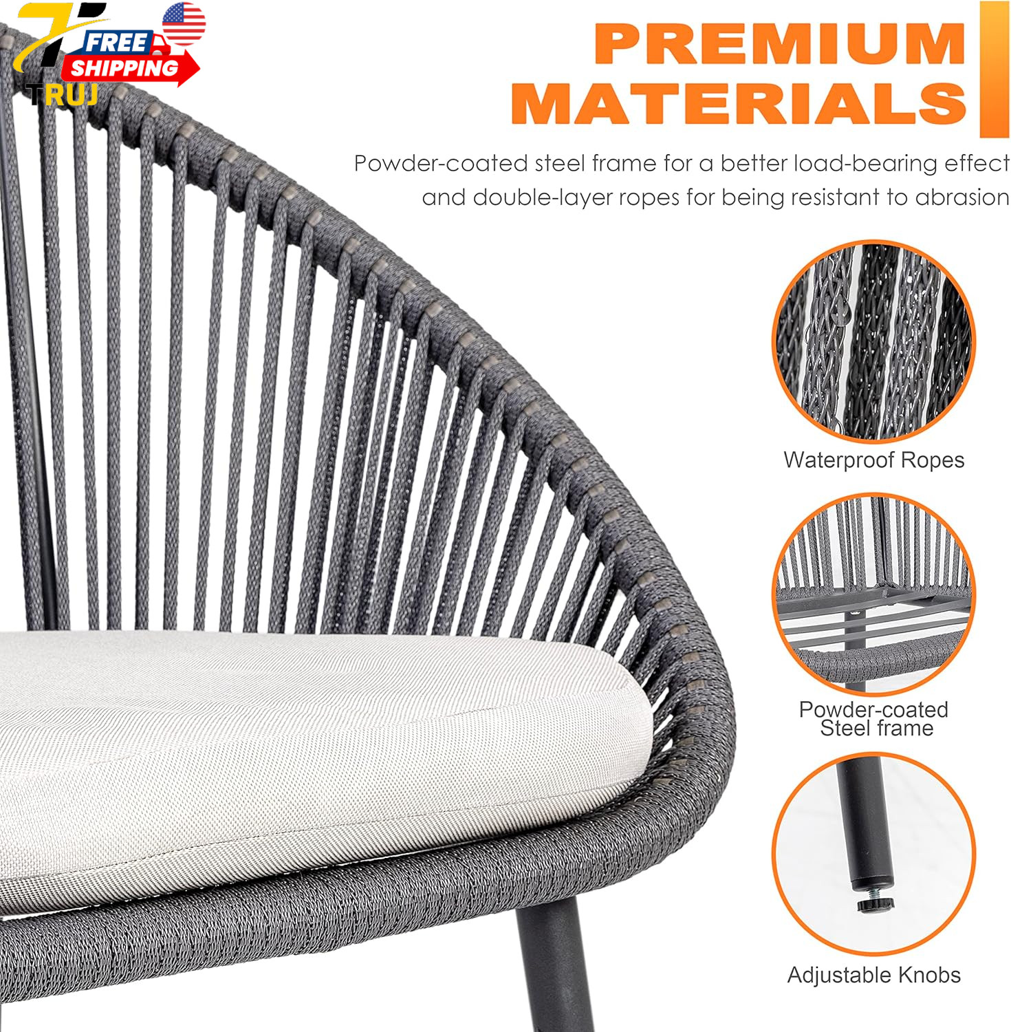 NUU GARDEN 3 Piece Outdoor Bistro Set Woven Rope Conversation Patio Set All Weat