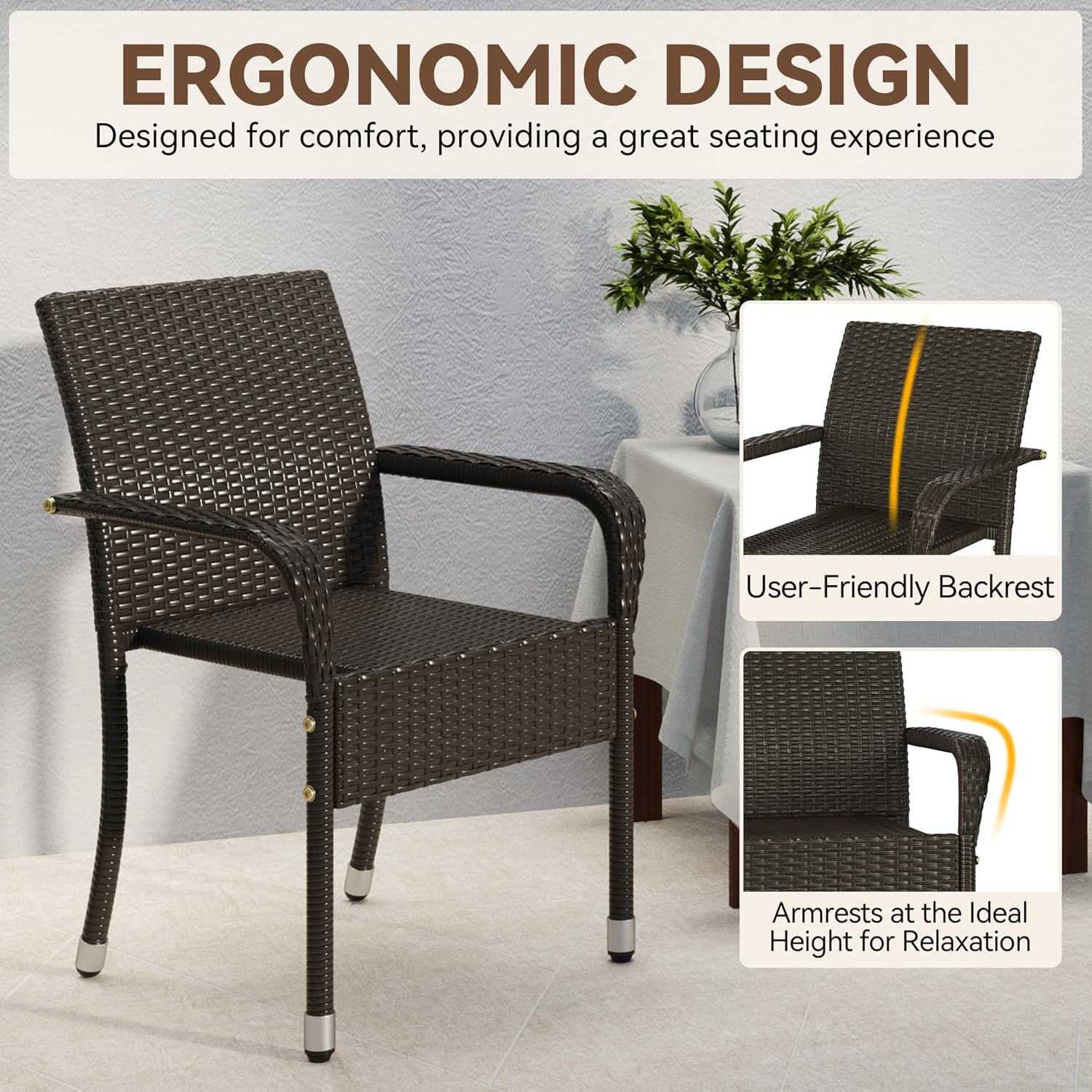 Set of 4 Stackable Outdoor Rattan Dining Chairs All-Weather Armchair w/Armrests