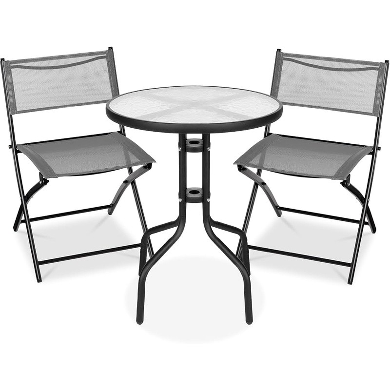 Lightweight Foldable Chairs & Tempered Glass Table 3-Piece Set Outdoor Indoor US