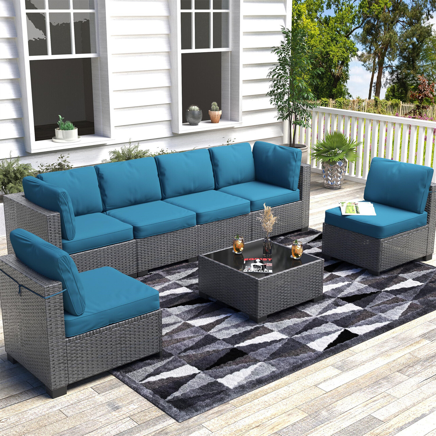 7-Piece Outdoor Patio Furniture Set PE Rattan Wicker Sectional Modular Sofa Set