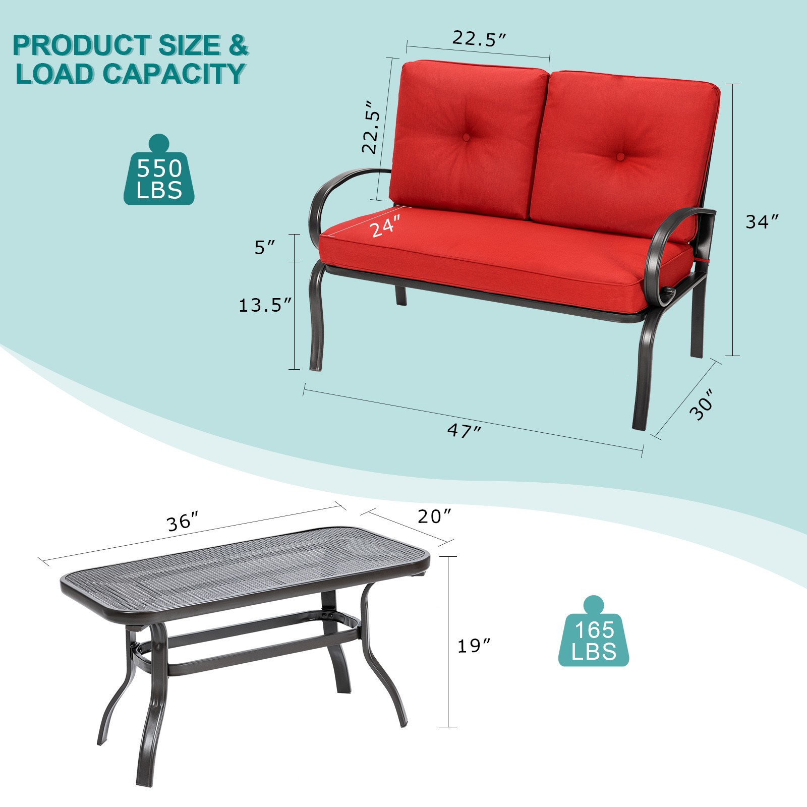 Patiojoy 2 PCS Patio Love Seat Coffee Table Set Bench W/ Cushions Red