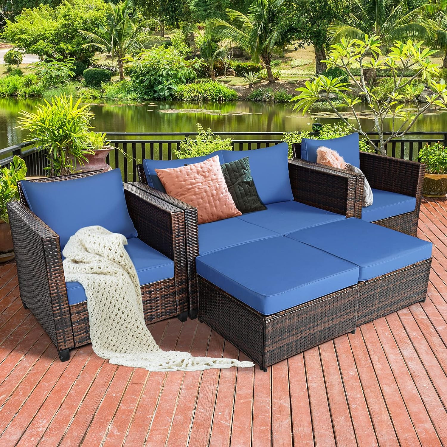 5-Piece Outdoor Wicker Sofa Set with Cushions for Patio & Garden
