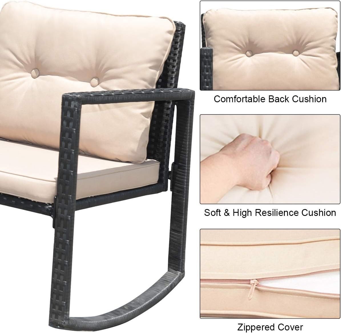 3 Piece Outdoor Wicker Rocking Set with Cushions and Glass Coffee Table Beige