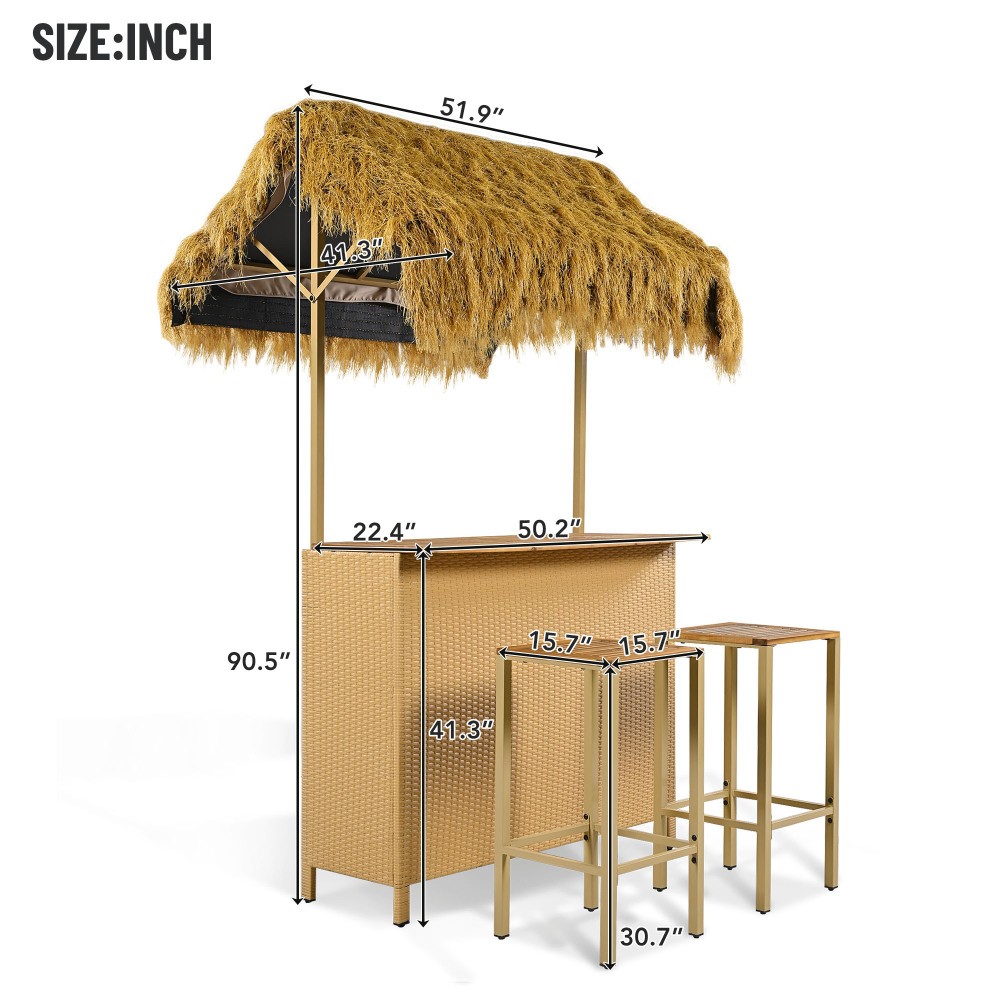 2-Piece Outdoor Tiki Bar Set w/ Adjustable Feet & Storage Space, Acacia Wood Top