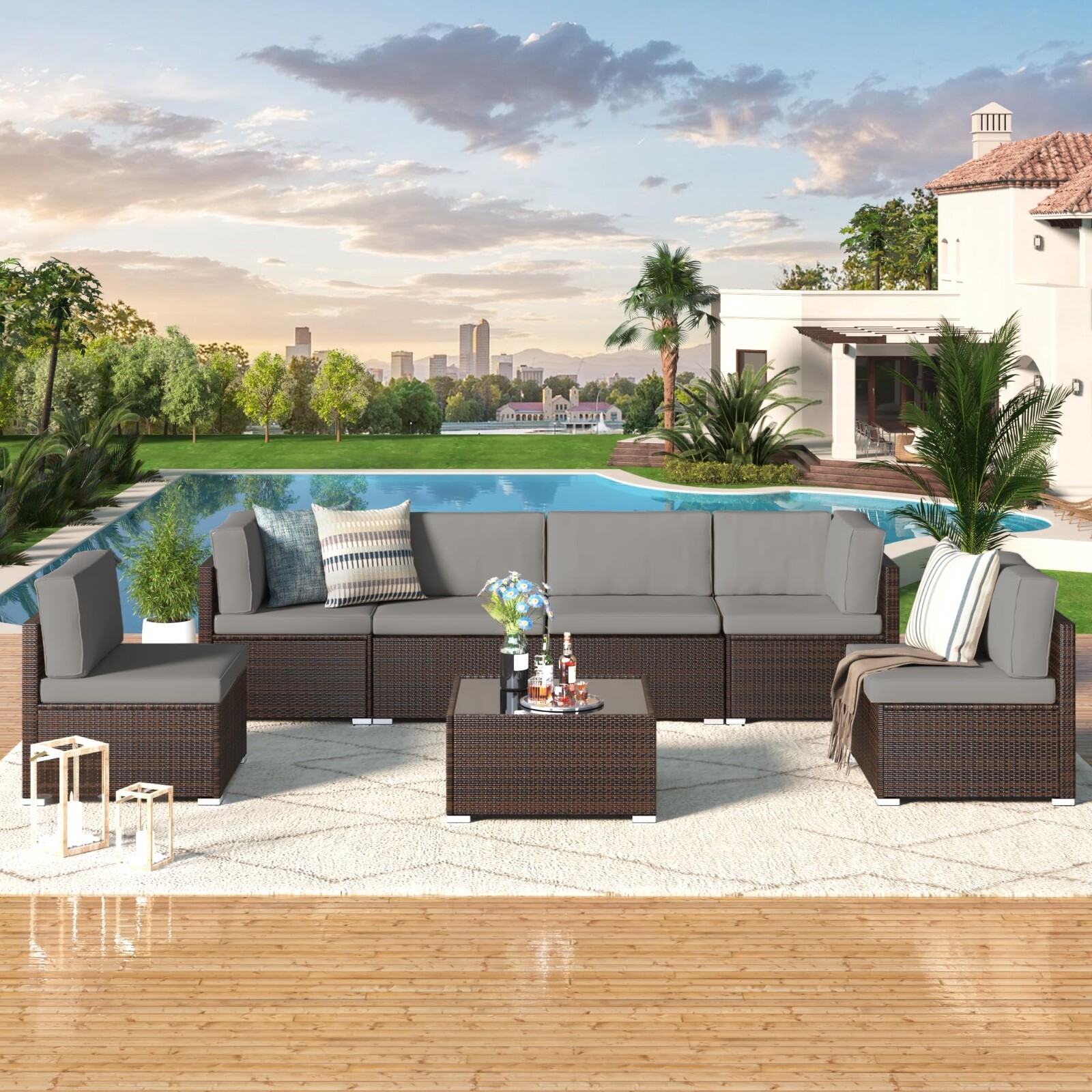 7-Piece Patio Sofa , PE Rattan Outdoor Sectional Conversation Set with Cushions